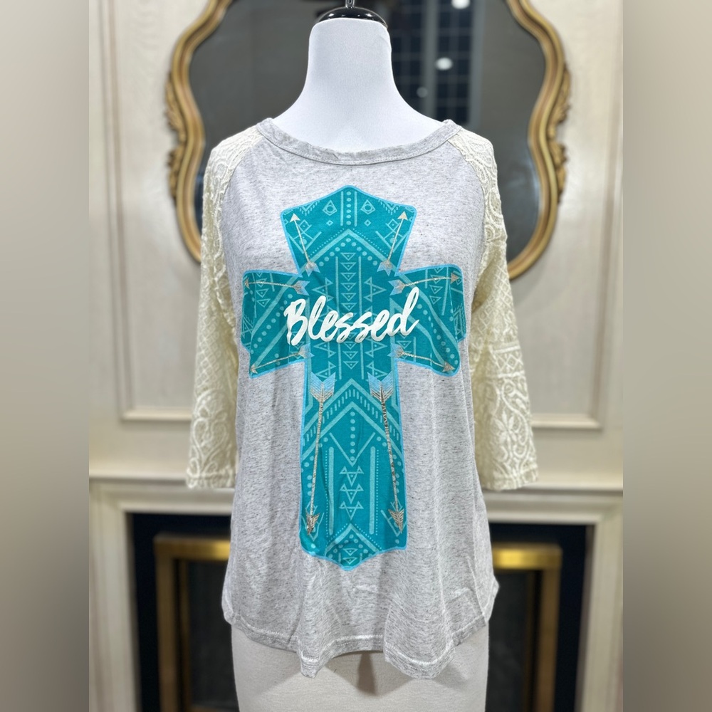 Southern Grace Blessed Top L Cross Lace Sleeve Coastal Cowgirl Boho 3403C-L